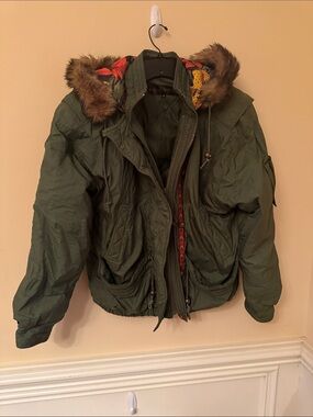 Donny Brook Olive‎ Green Faux Fur Trim Hooded Bomber Jacket Size Small